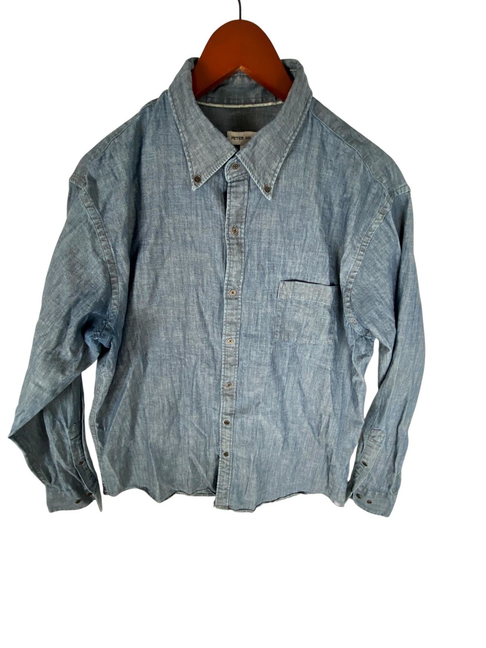 Peter Millar Shirt Mens Large Blue Denim Cotton Long Sleeve Pockets Button Down